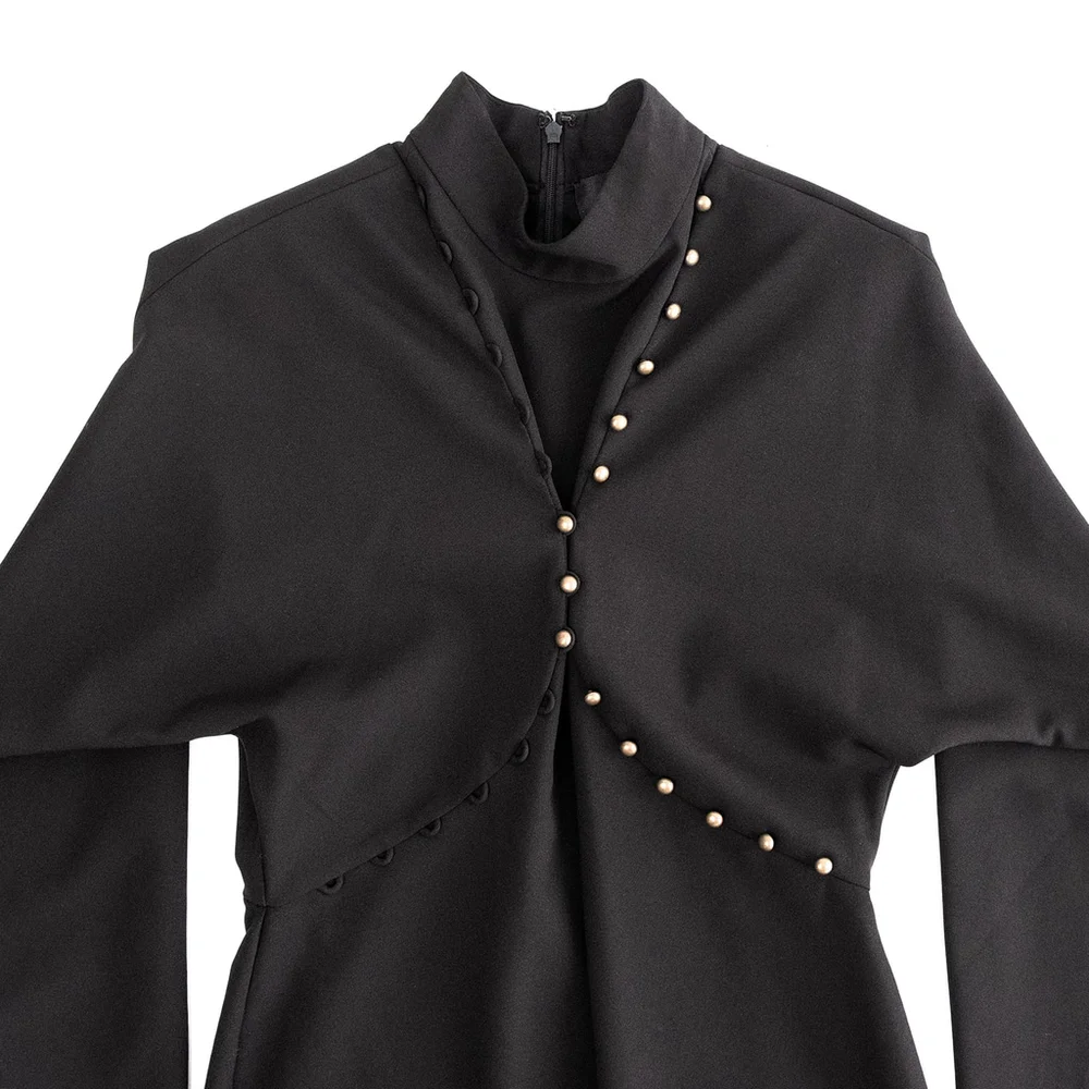 Nicole Miller Black Puff Sleeve Button Dress Mock Neck Women's $395 - Size 10 - Picture 10 of 14